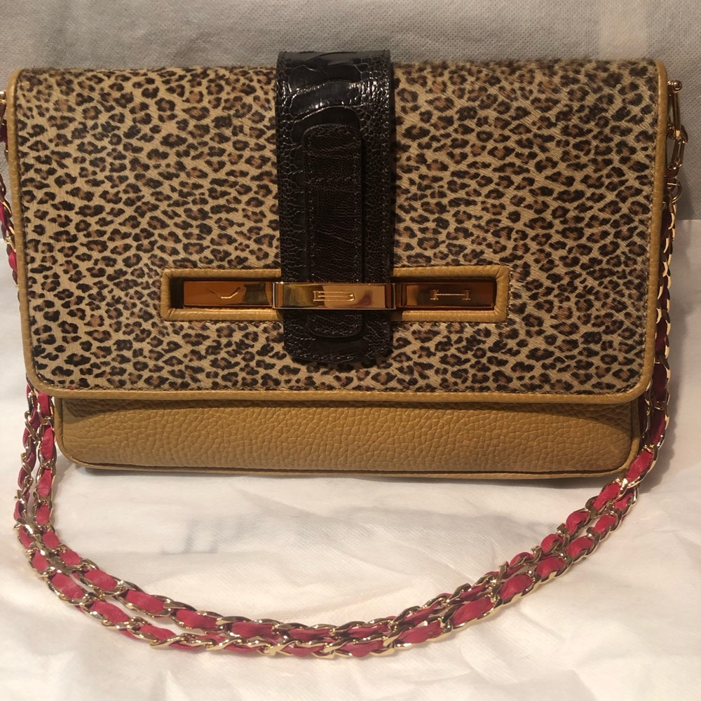 RARE Stunning VBH Brown Leather and Leopard Print Calf Hair Shoulder Bag /Chain